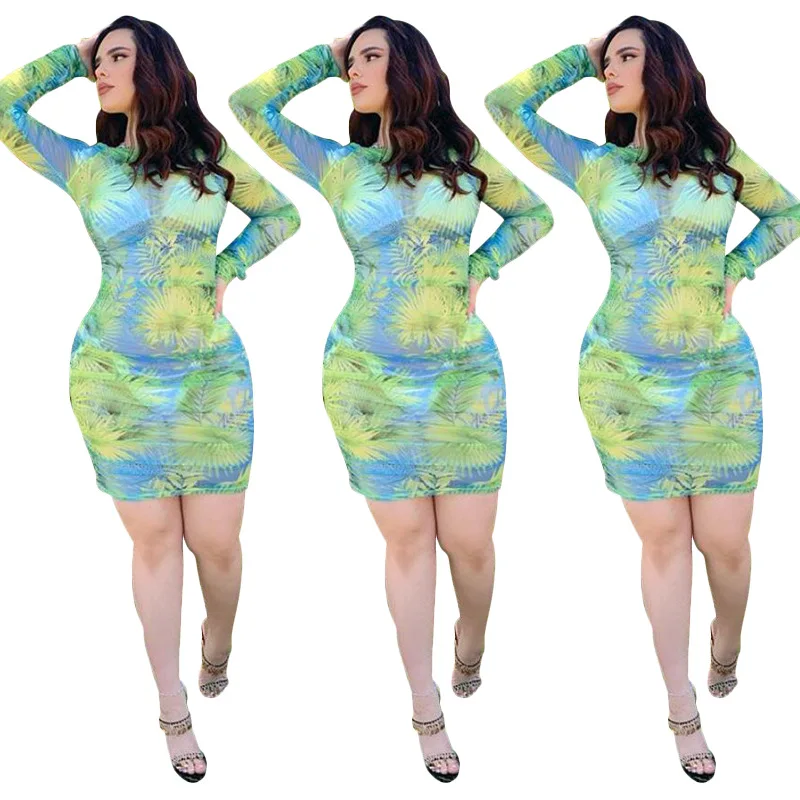 

Платье мини сексуальное Клубное платье облегающее вечернее платье с цветочным принтом прозрачное женское платье с круглым вырезом и длинн...