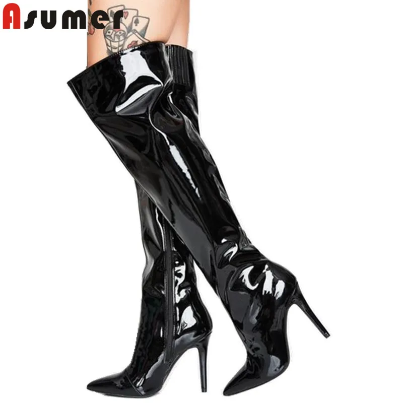 Женские ботфорты на молнии ASUMER высокие сапоги выше колена тонком высоком каблуке