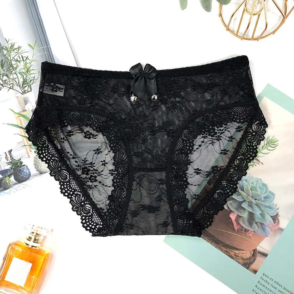

Fashion Sexy Underwear Women Hollow Out Temptation Lace Panties Bell Elastic High Waist Seamless Bow Mesh Thong Briefs