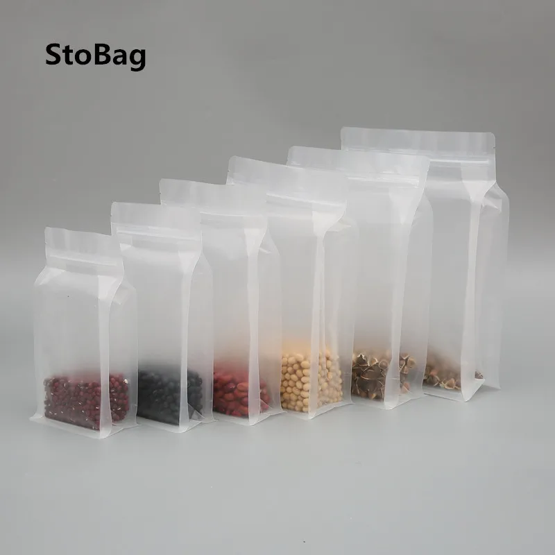 StoBag 50pcs Transparent Frosted Octagon Sealed Plastic Bags Square Bottom Self-sealing PE Dried Fruit Rice Food Sealed Bags
