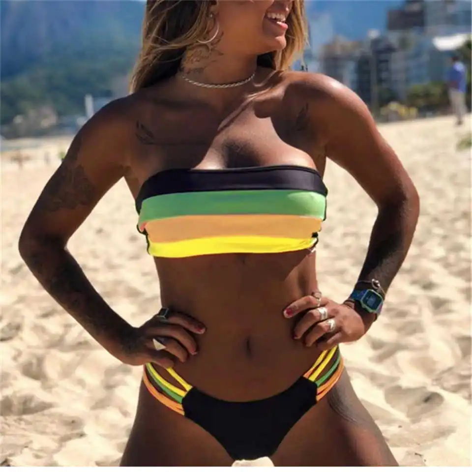 

Bandeau Bikinis Striped Swimsuit Backless Separate Swimwear Summer Beach Wear Quick Dry Brazilian Biquinis Female Bathing Suits