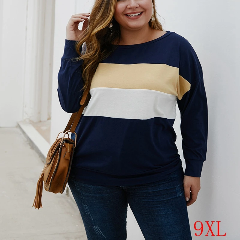 Осенне зимняя женская футболка большого размера 5XL 6XL 7XL 8XL 9XL модная полосатая с