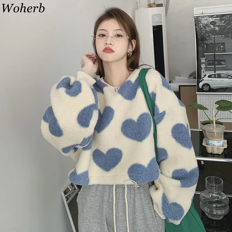 Женские укороченные толстовки Woherb с принтом сердца весенне-осенняя Милая