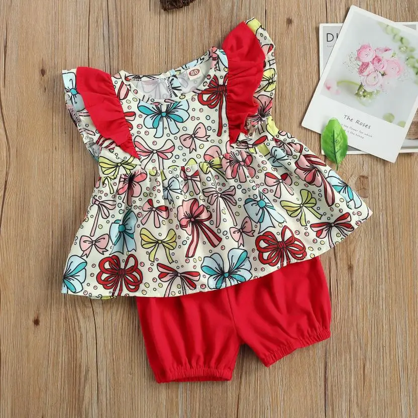 

Комплект одежды для маленьких девочек, топы без рукавов с круглым вырезом и бантом, с оборками, однотонные короткие брюки, детские комплекты