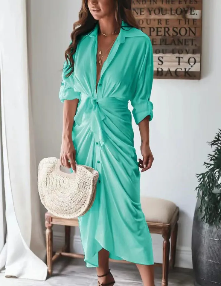 

Женское платье-рубашка с длинным рукавом, Новинка осени 2021, модное элегантное однотонное длинное платье