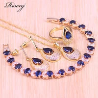 risenj 5 colors 18k rose gold pear blue zircon white crystal jewelry for women adjustable ring earrings necklace bracelet set