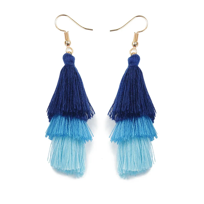 Длинные трехслойные серьги подвески из шелка с кристаллами 8 цветов черные