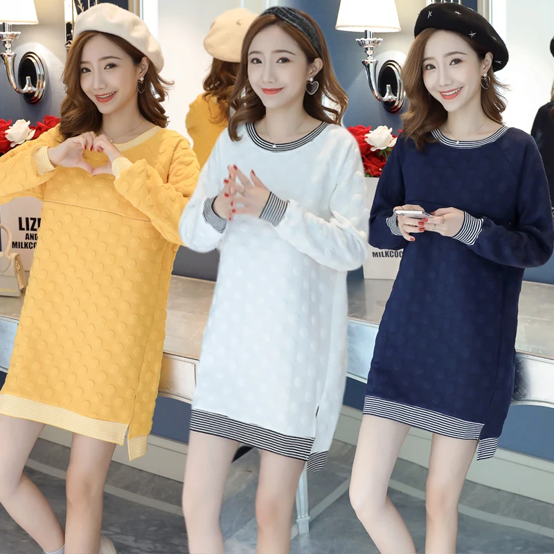 New Winter Round Collar Postpartum Women Fleece Lactation Dress Long High-Low Zipper Fly Maternity Breastfeeding Dress Cute