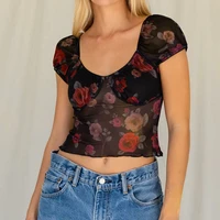 mesh crop top women puff sleeve shirts rose print o neck see through sexy summer tank top black transparant summer top