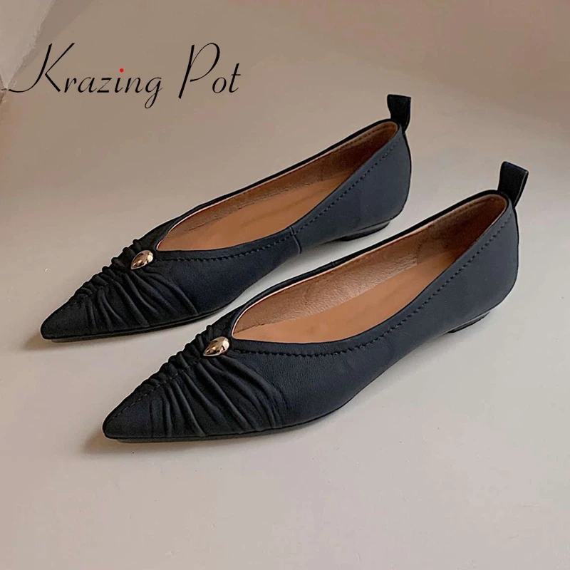 

Krazing pot sheep leather pointed toe low heel comfortable shoes beauty lady daily wear slip on fashion solid women pumps Lzf6