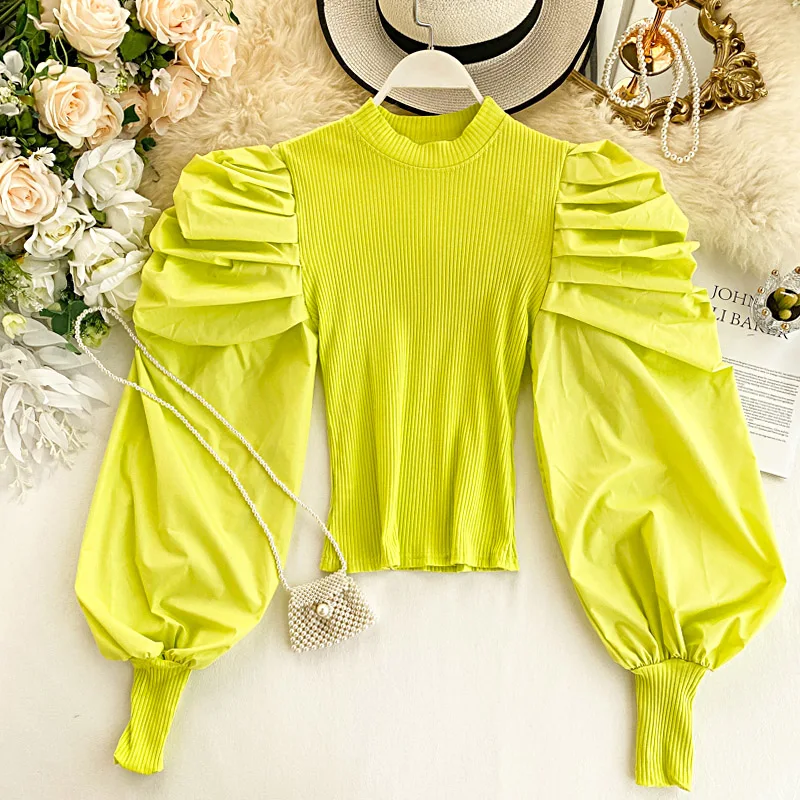 2019 Для женщин Длинные Топы с пышными рукавами фонариками и Блузка модные ярко