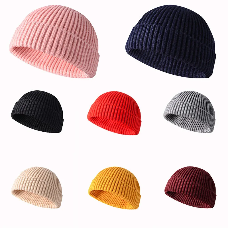 

New Pullover Hat Korean Fashion Men'S Solid Color Knitted Thick Hat Women Loose Melon Dome Warm Short Doudou Hat