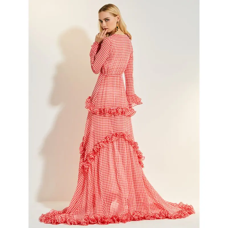 Женское Повседневное платье макси элегантное красное свободное клетчатое с