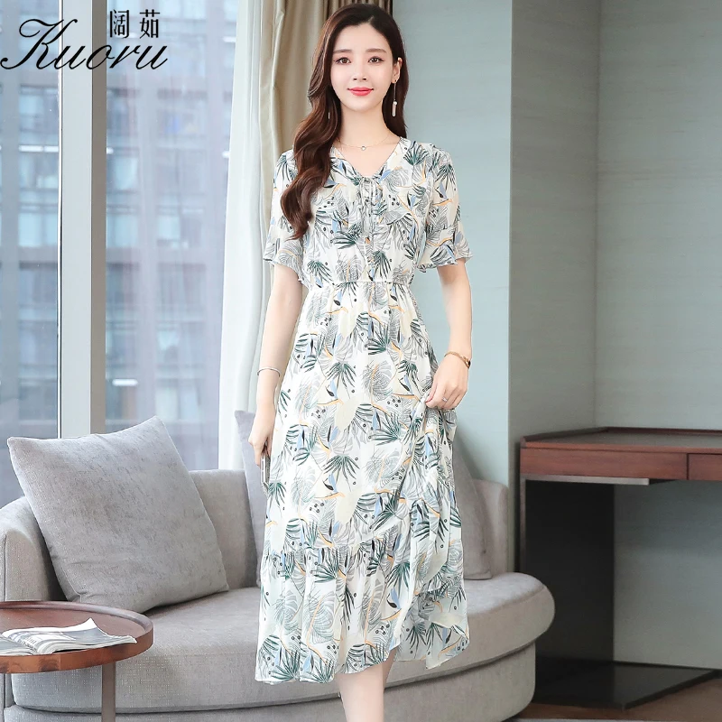 

Vestido Midi Dresses For Women 2021 Chiffon Casual Dress Robe Femme Chic Vestito Floreale Short Sleeve V-Neck Summer Vestidos