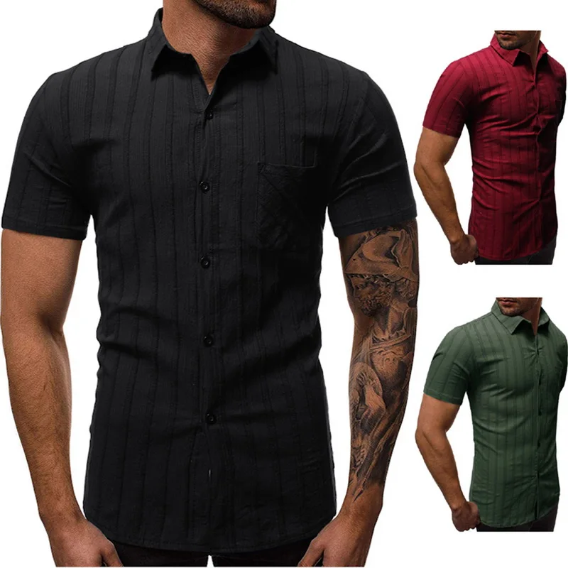 Новая летняя Черная мужская полосатая рубашка с коротким рукавом и отложным
