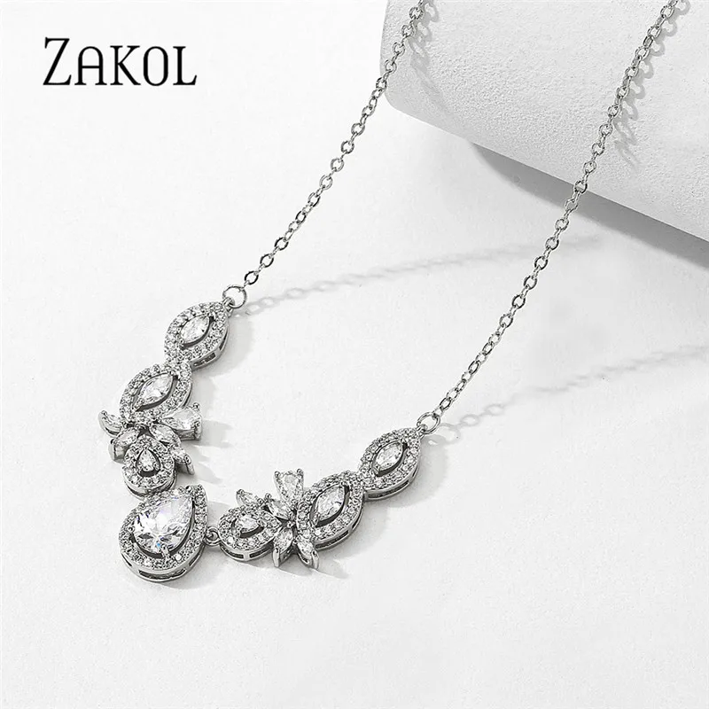 ZAKOL роскошные изысканные капли воды кубический циркон лист цепи колье для женщин