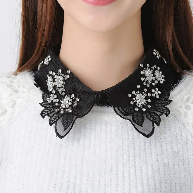 

2020 Women Detachable Fake Collar Rhinestone Faux Pearls Embroidery Floral Half-Shirt