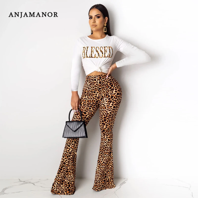 ANJAMANOR/модные Женский комплект 2 шт. с леопардовым принтом и длинными рукавами
