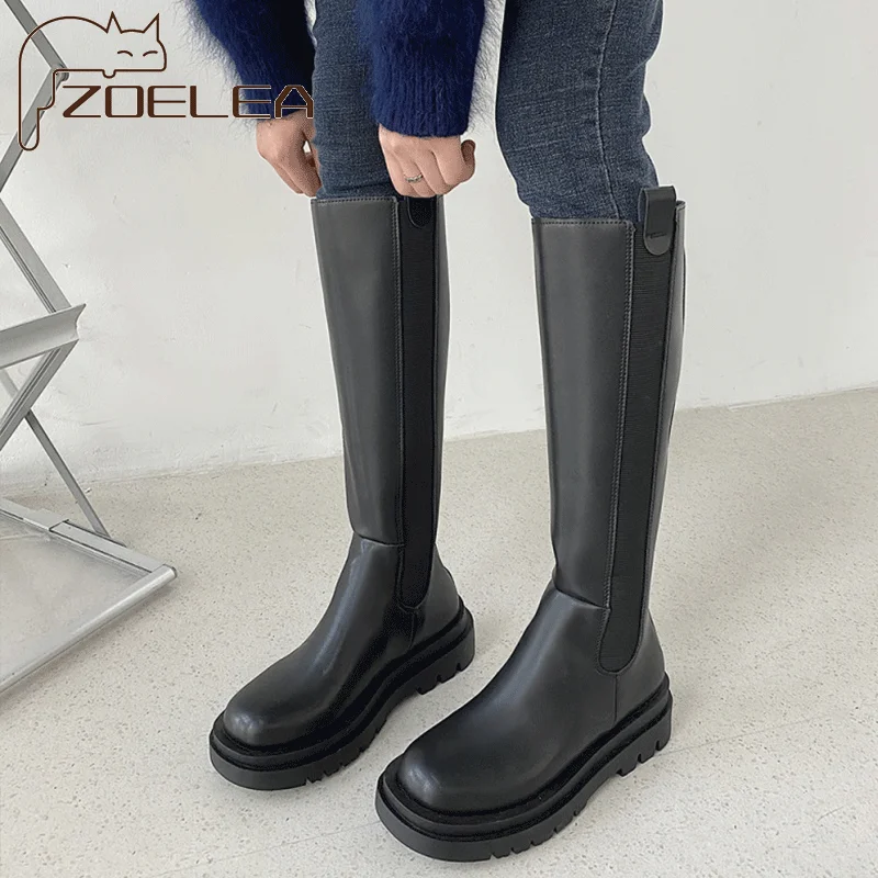 

Women Pu Leather Thigh High Boots Thick Sole Shoes Black Winter Long Round Toe Zipper Knee-high Square Heel Botas Mujer
