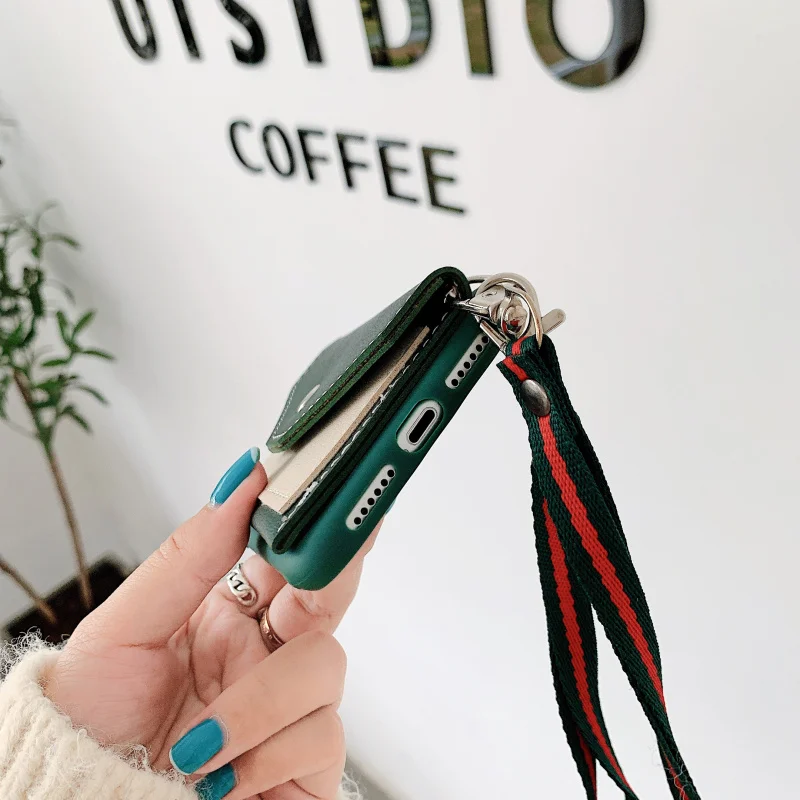 Чехол кошелек с длинной цепочкой для iphone 6 7 8 plus XS XR MAX 11 Pro однотонный чехол задняя