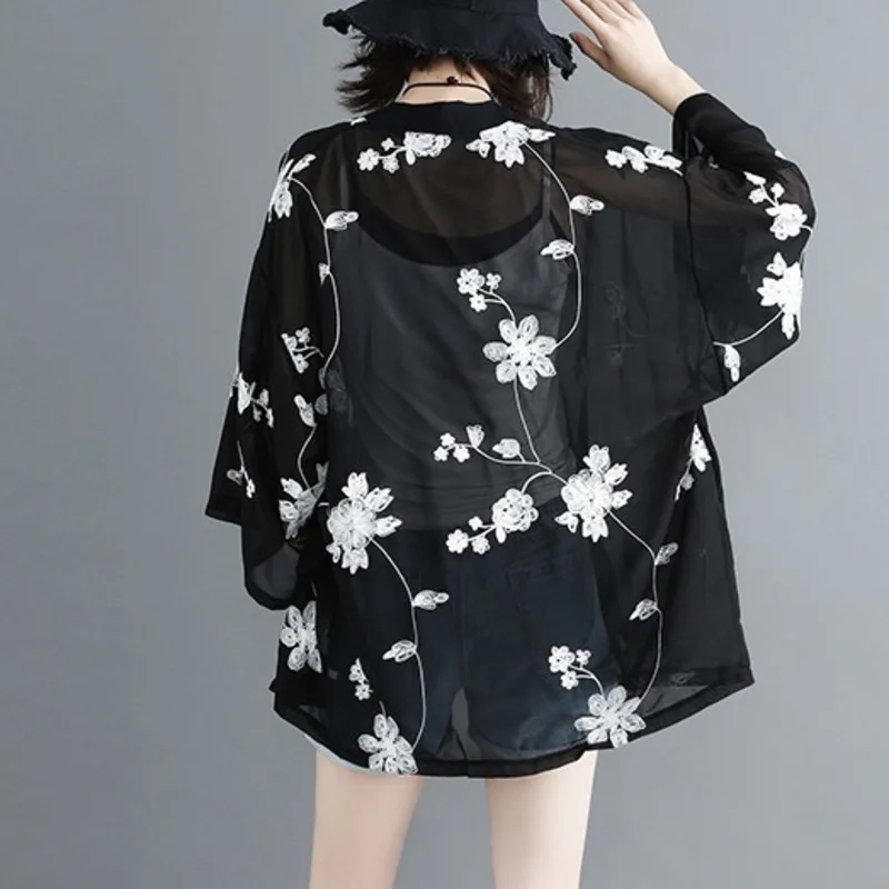 #2812 летнее шифоновое кимоно женское прозрачное пальто кардиган с цветочной