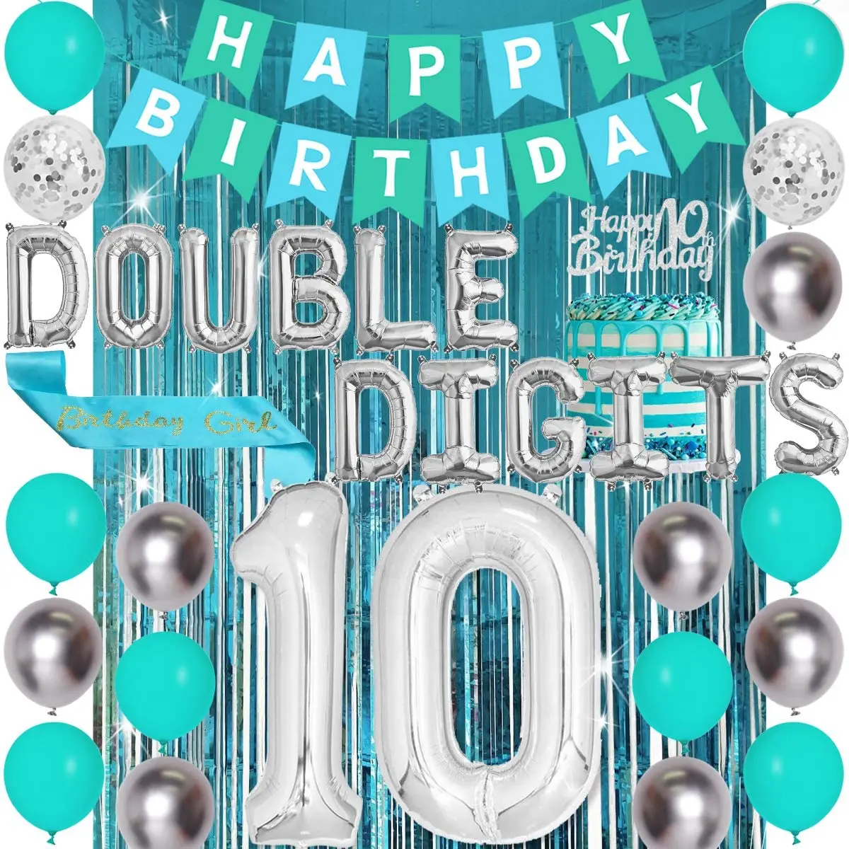Decoraci&oacute;n Para fiesta de cumplea&ntilde;os de 10 &deg; a&ntilde;o, conjunto de globos de aluminio con doble n&uacute;mero 10, cortina con flecos, Banner para ni&ntilde;as, suministros de 10 a&ntilde;os-0