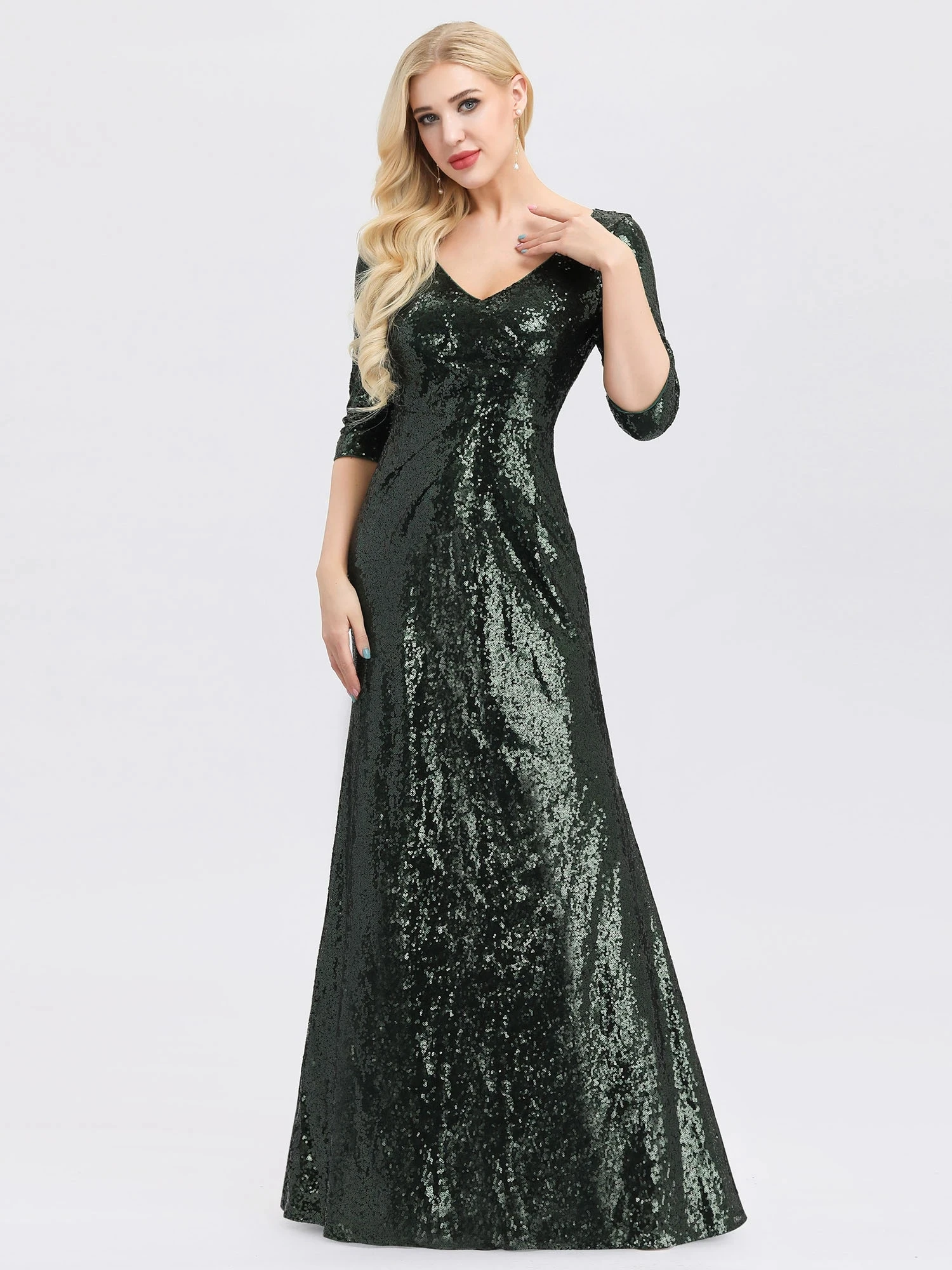 

Women's V-Neck 3/4 Sleeve Sequin Dress Floor-Length Evening Dresses EP00958