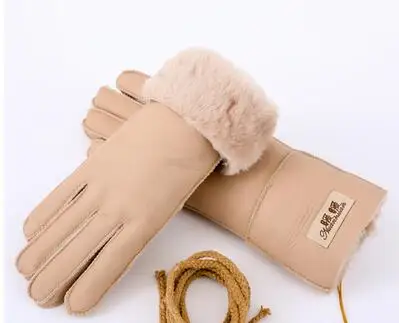 women beige Мужская осенне-зимняя утолщенная теплая цельная шерстяная меховая кожаная перчатка Мужская зимняя брендовая шерстяная меховая рукавица R2218 - Цвет: women beige