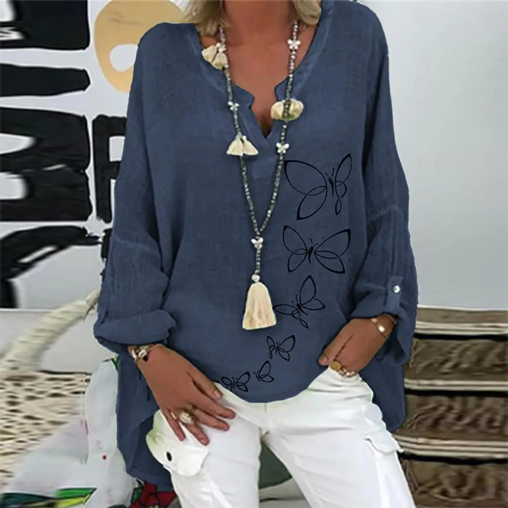 

Женская блузка из льна и хлопка, с V-образным вырезом, с принтом бабочек