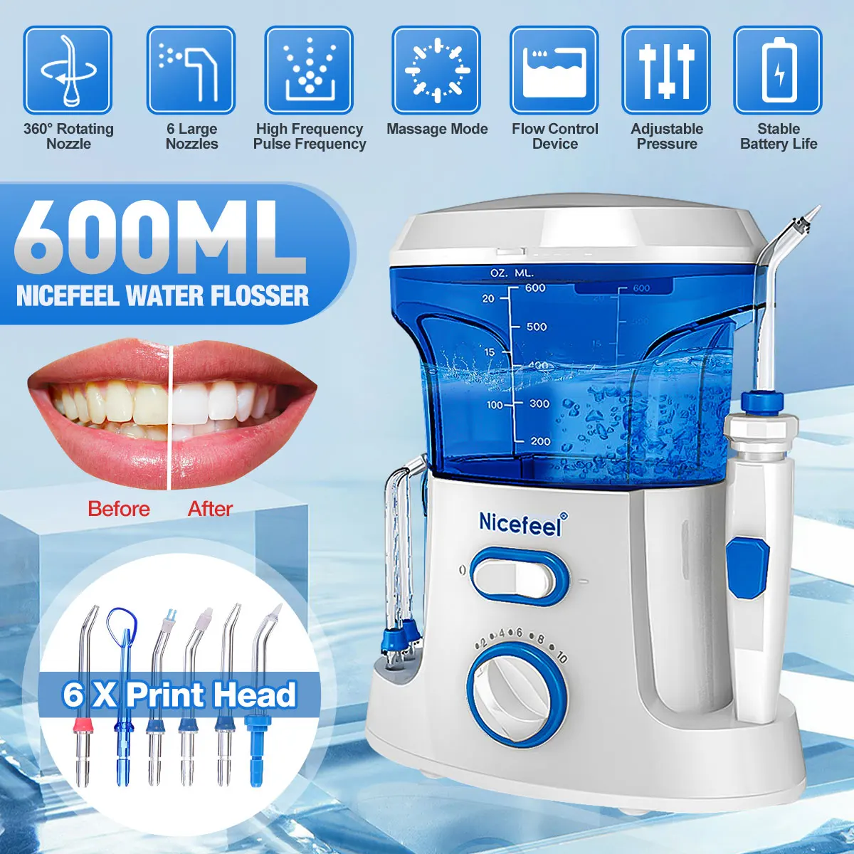 

Nicefeel 600 мл воды зубная нить электрический Ирригатор для полости рта Уход зубная нить воды Зубная щётка зубные SPA с 7 шт. советы белый