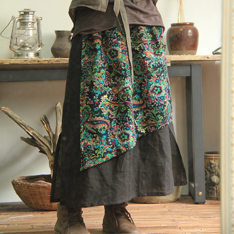 Женская юбка в стиле пэчворк Johnature свободная до щиколотки из хлопка и льна с