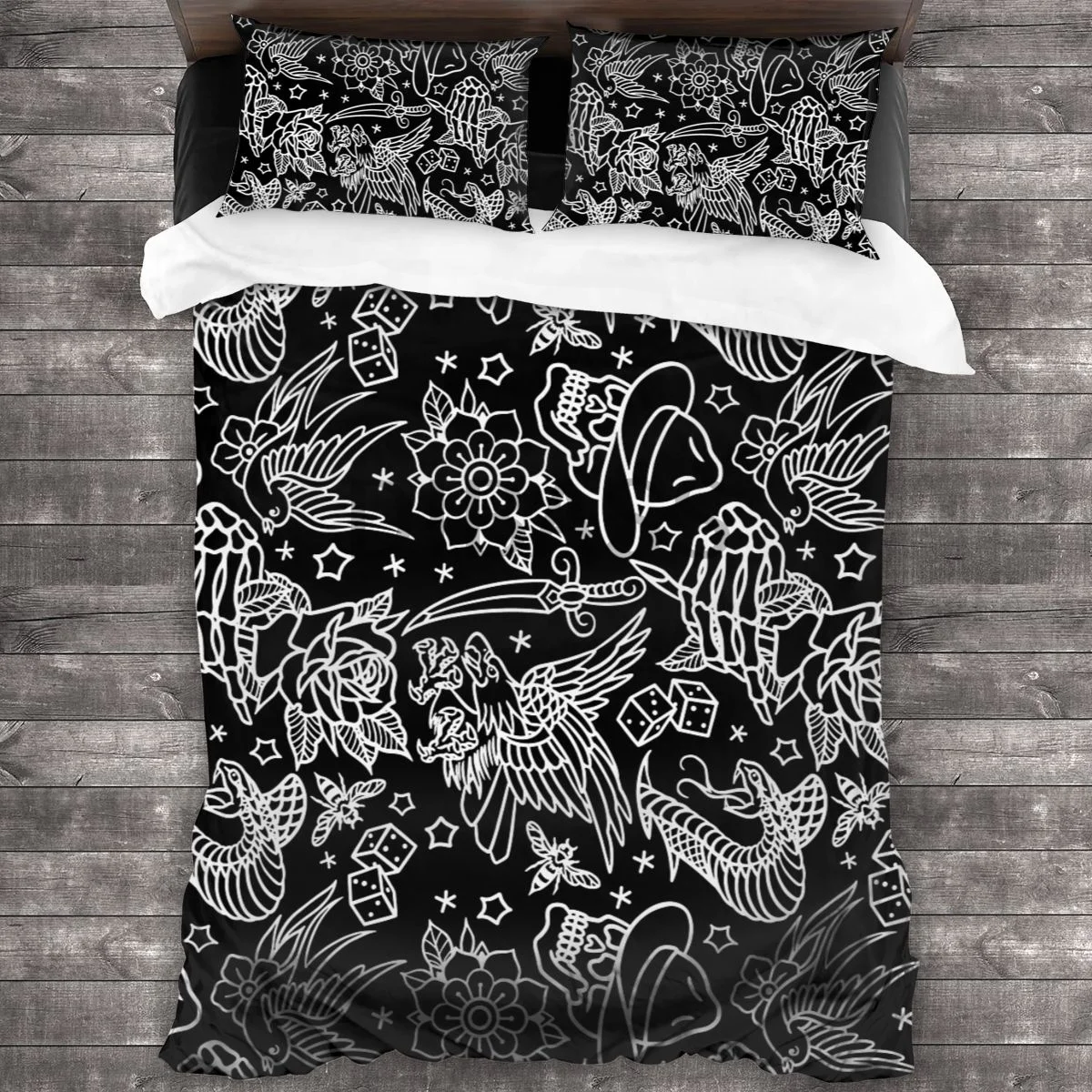 

American Traditional Tattoo Flash Print Comforter Set with 2 Pillowcases，Soft Microfiber Bedding Set Duvet Cover