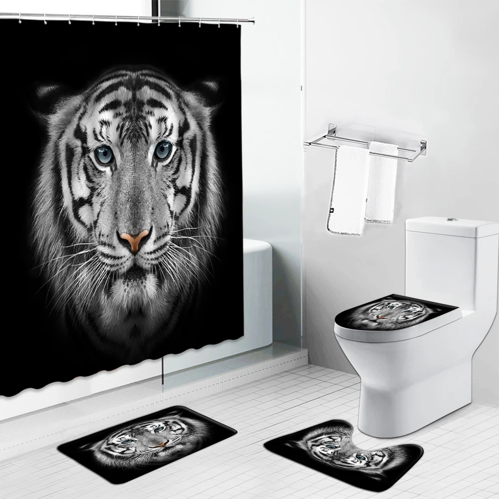 

Tiger Black Background Shower Curtain Africa Animal Elephant Lion Leopard Giraffe Flannel Anti Slip Carpet Toilet Cover Mat Rug
