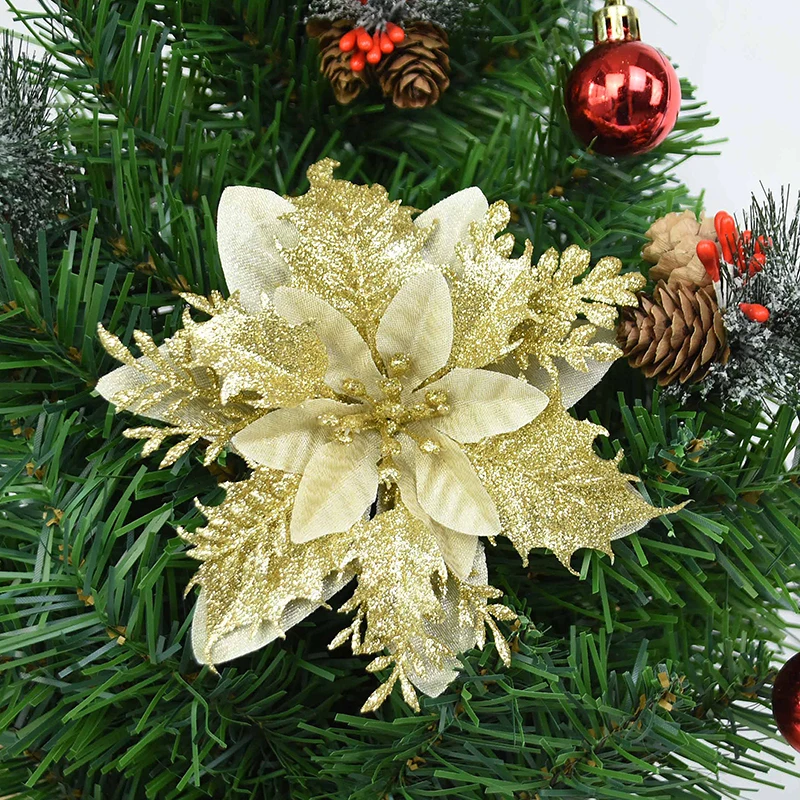 

5pcs Artificial Flowers Glitter Fake Flowers Christmas Tree Ornaments for Home Wedding Valentine's Day Decorations