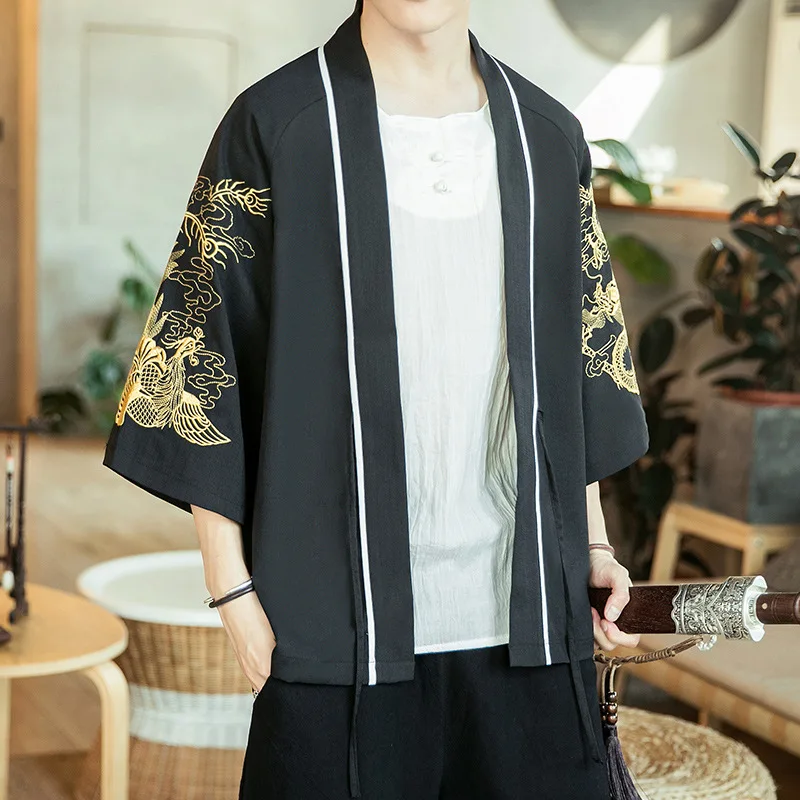 

Vintage Dragon Phoenix Embroidery Kimono Cardigan Coat Japanese Samurai Clothing Men Yukata Haori Obi Summer Plus Size Beach Top