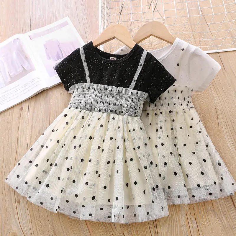 

Girls dress 2021 Summer New Cute Child Polka Dot Stitching Mesh Fake Two Princess Dress 2-6 Years Old Fashion Kids Clothing