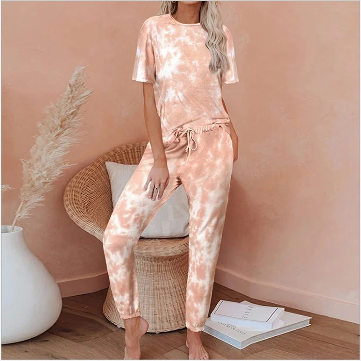 

2020 New Fashion 2 Pieces Suit Set Women s Tie-Dye Print Round Neck Short Sleeve T-Shirt+ Pants Black/Blue/Apricot/Green