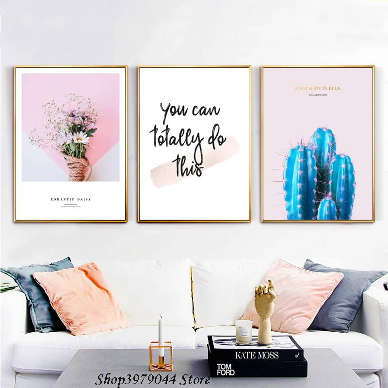 Синий кактус Холст плакат розовый цветок Маргаритка стены художественная