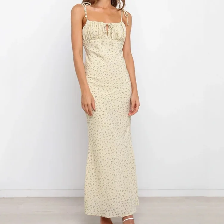 

GAONO Floral Print Cottagecore Elegant Sleeveless Maxi Sundress Sexy Backless Women Party Club Tie Front Dress Holiday