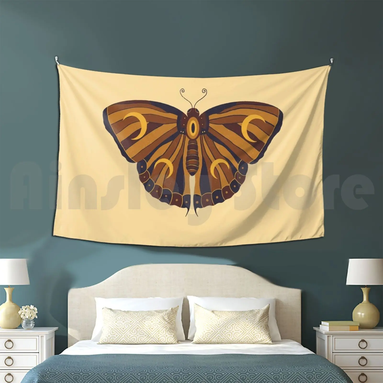 

Honey Brown Moth Tapestry Living Room Bedroom Honey Brown Moth Night Lunar Moon Crescent