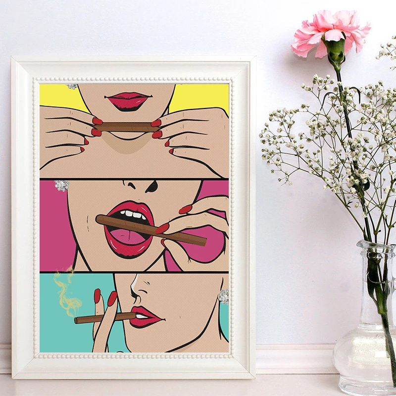 ɺndy поп-арт-Стена Картина на холсте Мода девушка курение сигар SWAG Стиль рутая