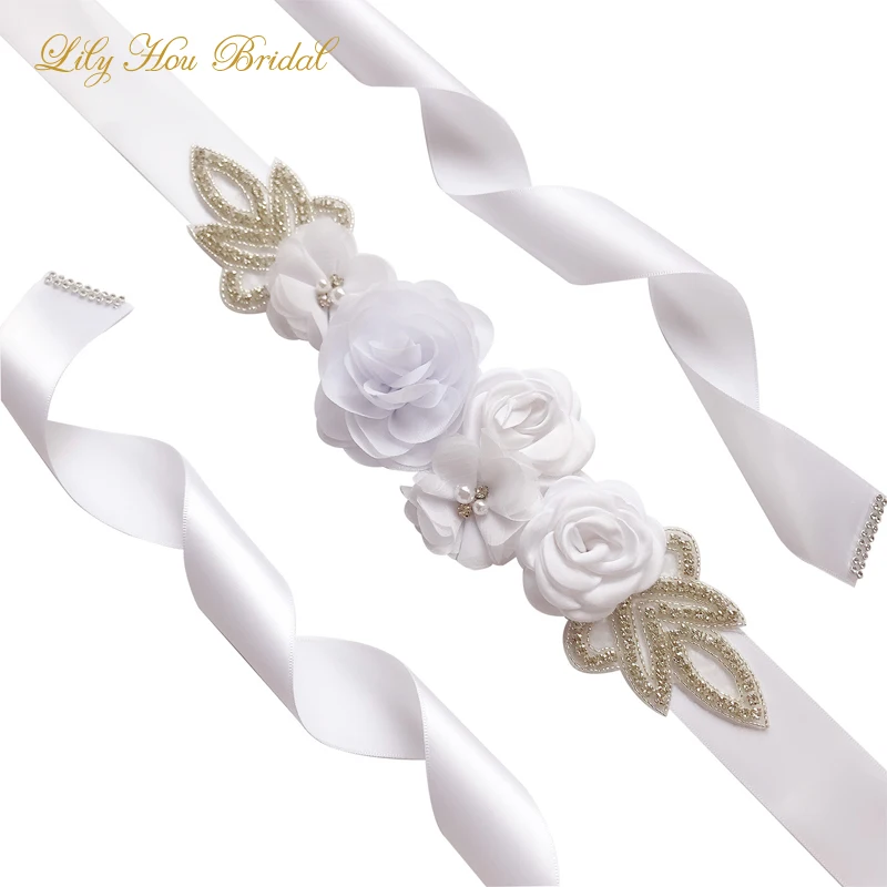 

2020 Inexpensive 3D Chiffon Flowers Embellished Crystals Pearls Bridal Sash Wedding Party Women Belts Hunter Lilac White Color