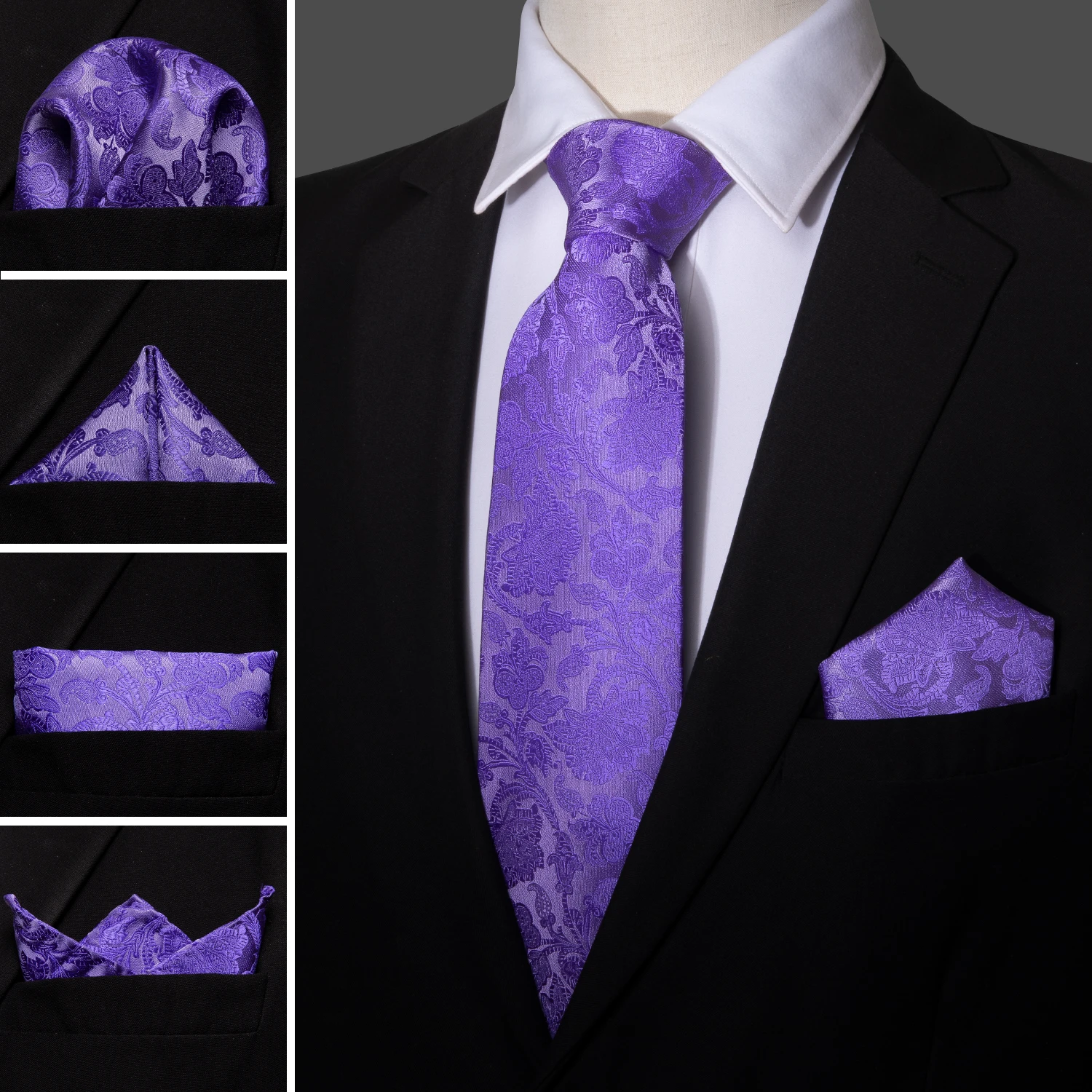 Fashion Silk Purple Solid Mens Wedding Tie Hanky Set Barry.Wang Designer Paisley Floral Neckties For Gift Party Groom |
