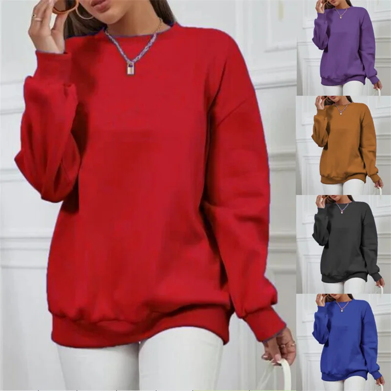 

Winter Plus Velvet Warm Sweatshirt Long Sleeve O-Neck Casual Pullover Tops Fashion Solid Color Hoodies Lady Red Black Pullover