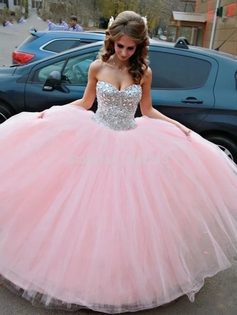 

Angelsbridep Sweetheart Sweet 16 Ball Gown Pink Quinceanera Dresses Sparkly Crystal Bodice Vestidos De Debutante Birthday Gowns