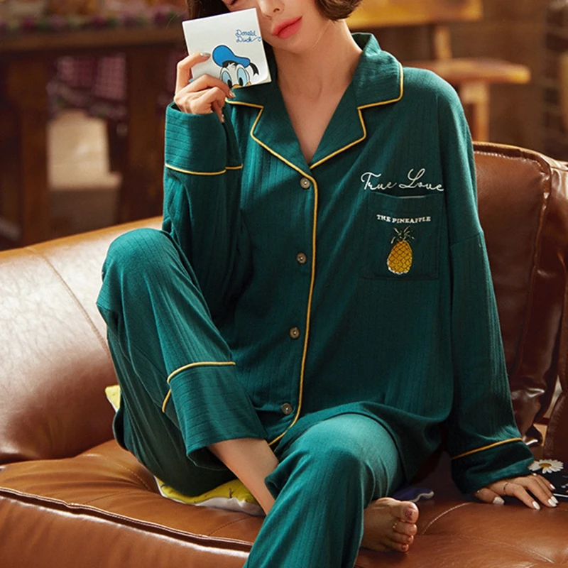 

Осенний однотонный пижамный комплект для женщин из мягкого серебристого хлопка с длинным рукавом 2 шт. цвет Макарон отложной воротник