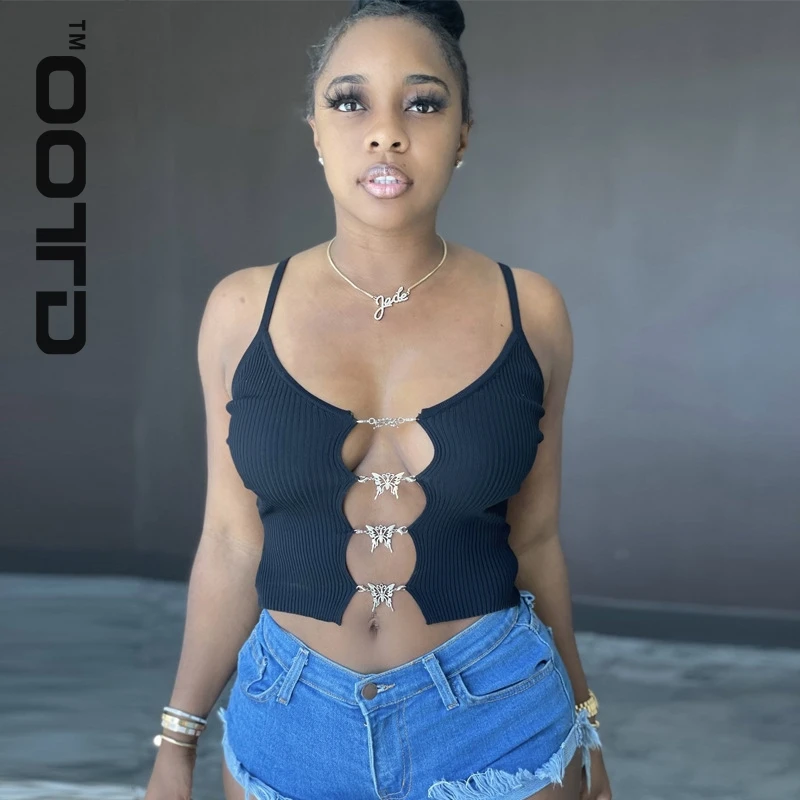 

OOTD 2021New Fashion Sleeveless Straps Ribbed Solid Short Hollow Out Crop Top Tshirt Summer Women Fashion Streetwear Casual Tees