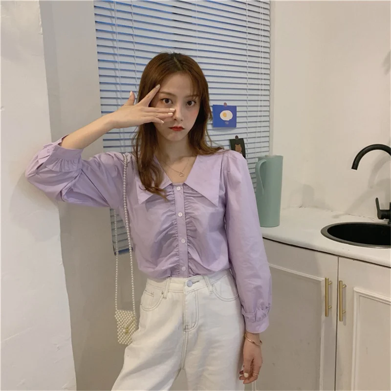 

KUSAHIKI Tops for Women Fashion Pleated Blouses Causal Puff Sleeve Turn-down Collar Shirt 2021 Spring New Blusas De Mujer 6F481