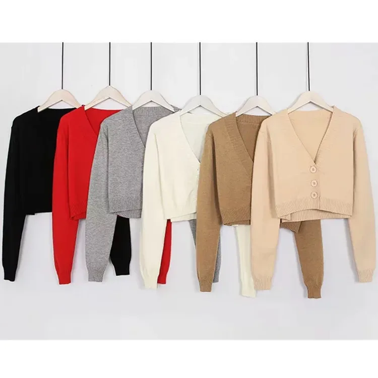 Женский Осенний укороченный Вязаный топ на пуговицах с v-образным вырезом