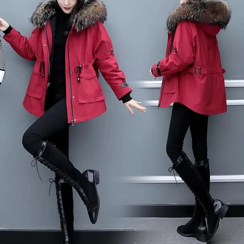 2022 Autumn/Winter New Detachable Parkas Coat Women Imitation Fur Fashion Korean Thickened Pleated Black Jacket Big Fur Collar